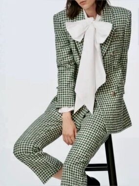 Zara Textured Houndstooth Blazer Green White Double Breasted Jacket Women Large